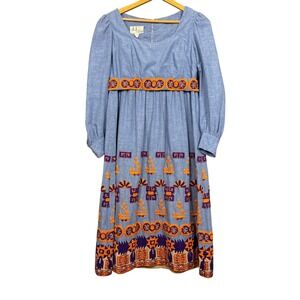 Vtg 70s Midi Dress Womens XS Boho Prairie Hippie Folk Revival Cottagecore Belted